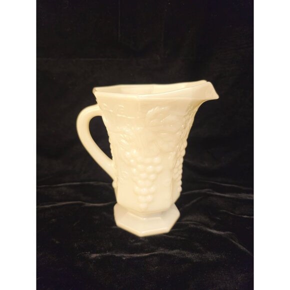 Vintage Milk Glass Pitcher With Embossed Grape Vine Design & Hexagonal Base - Picture 7 of 7